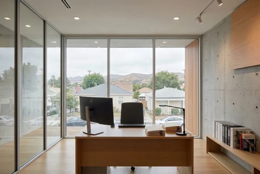 A second-floor office with light wood floors, grey concrete walls and a full-height window wall looking down over an ordinary Los Angeles street of single-storey houses, with low hills beyond. A wooden desk holds sorted document folders, a keyboard, a task lamp and a wide curved monitor set to one side and seen from behind, with an empty office chair beyond it and a shelf of binders along the side wall.