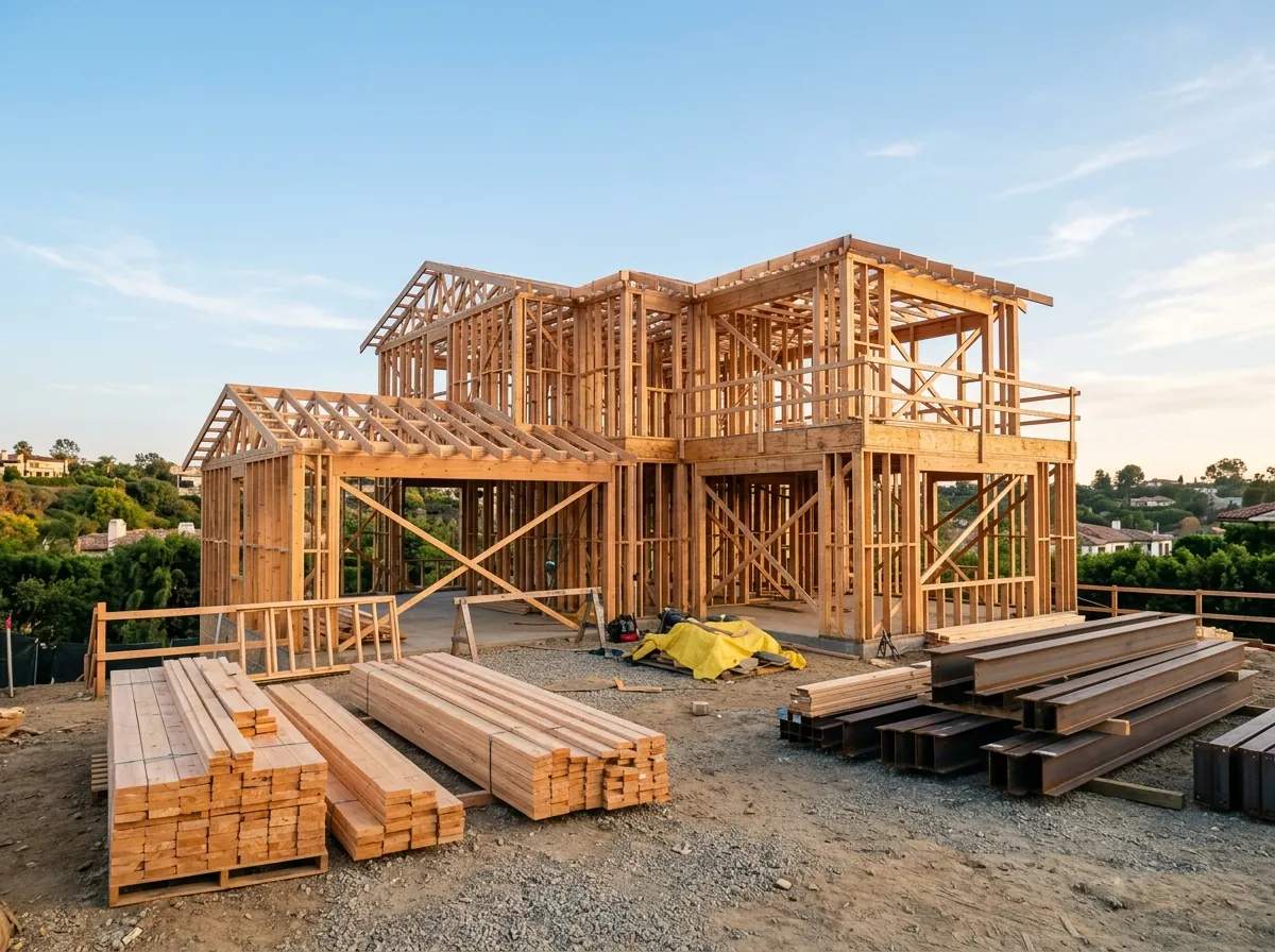 A two-storey house in the framing stage