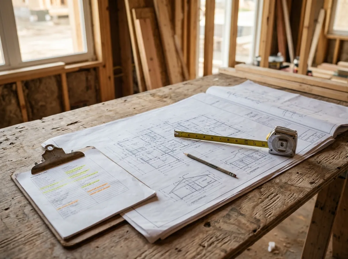 Plan sheets and a materials list on a site table