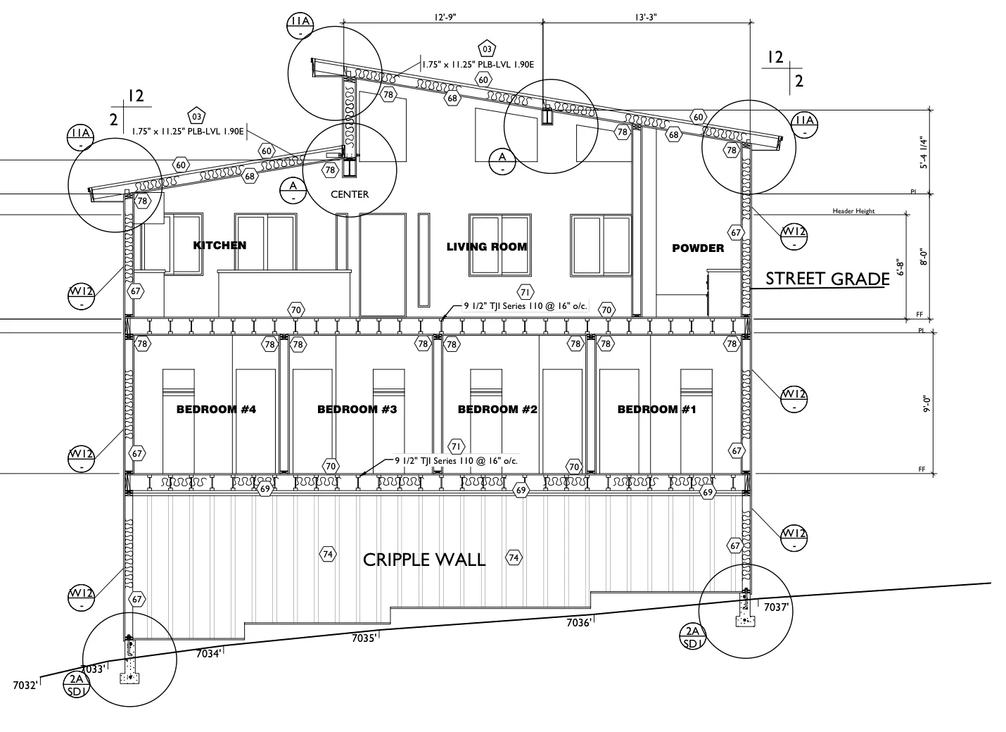 Section of our City-approved house on a sloped lot: cripple wall, I-joist floors, LVL roof beams