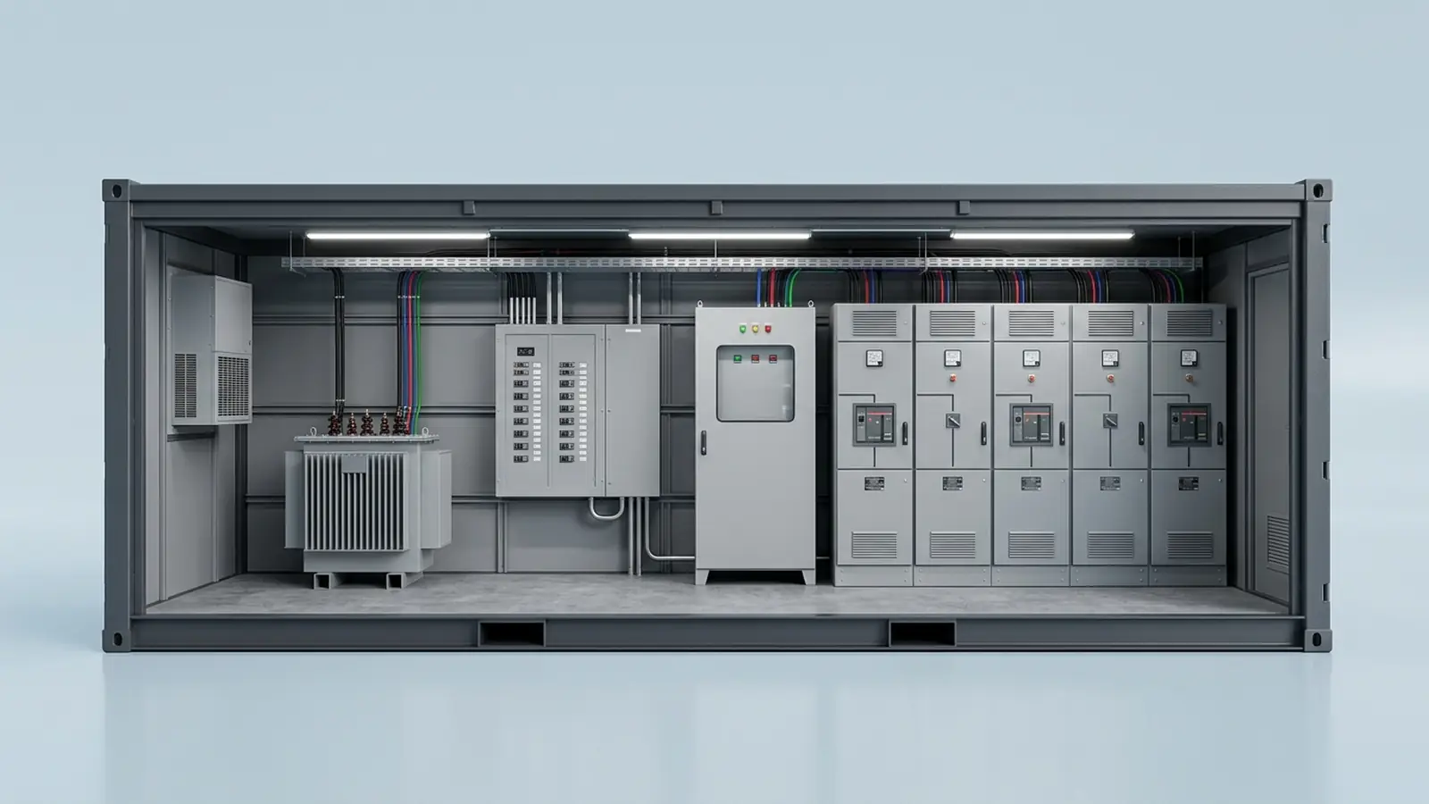 Inside an eHouse: transformer, panelboard, transfer switch and switchboard lineup