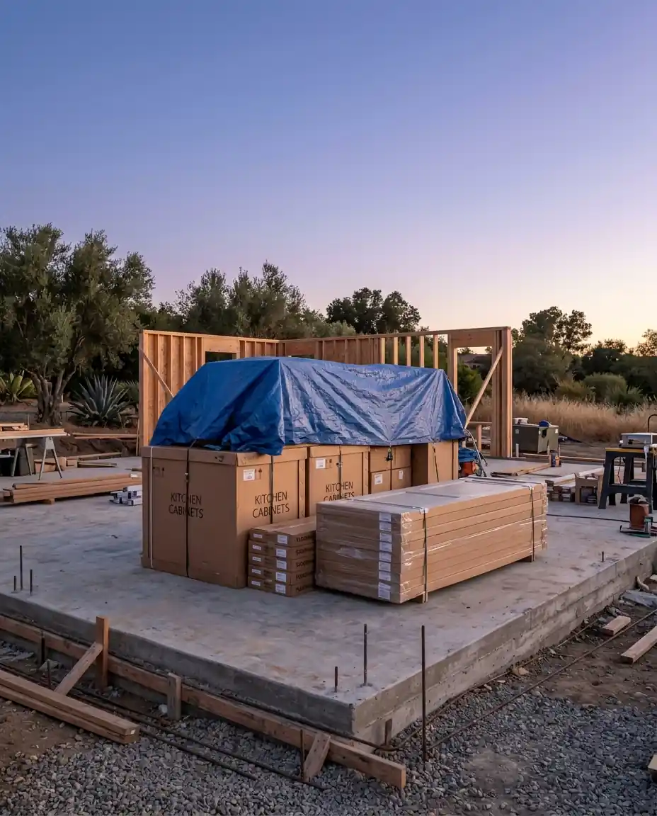Finish materials under a tarp on a bare foundation