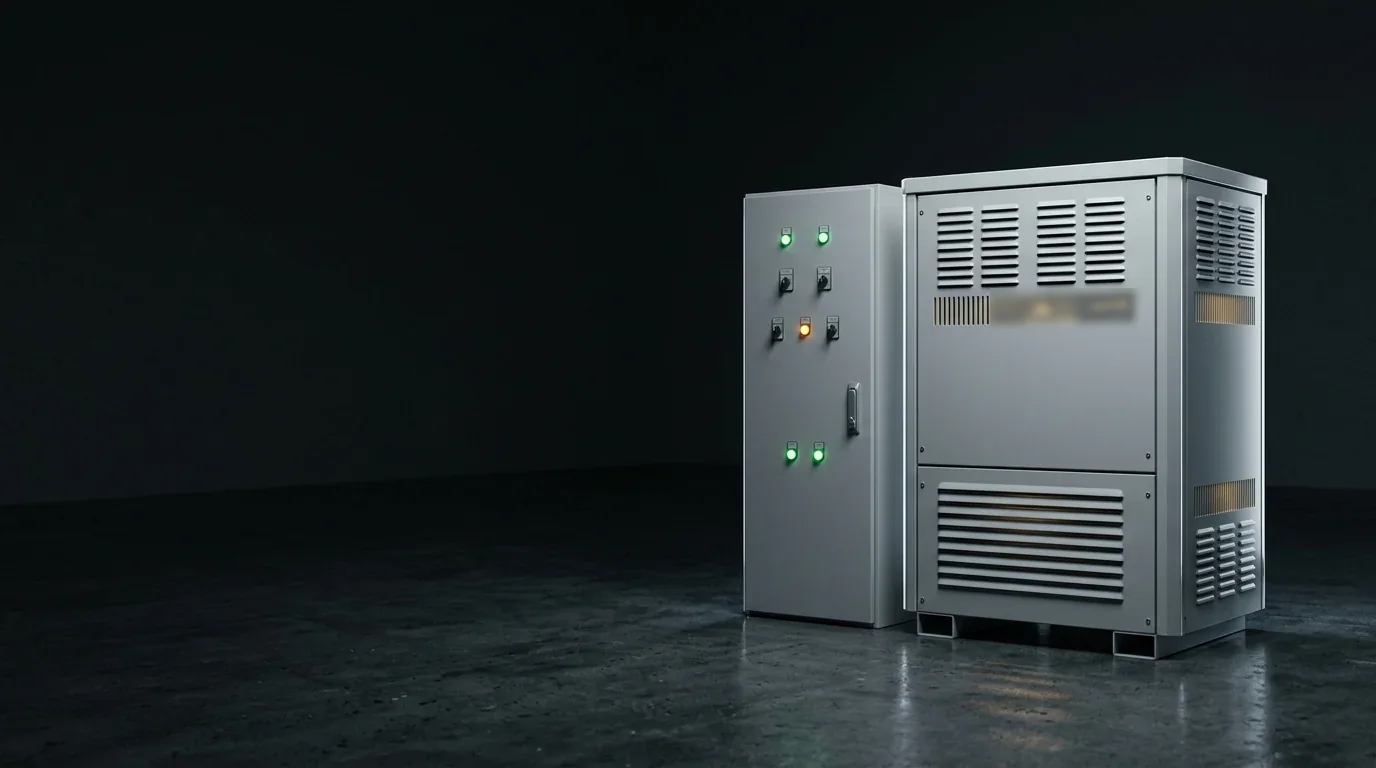 A transformer and a panelboard, lit