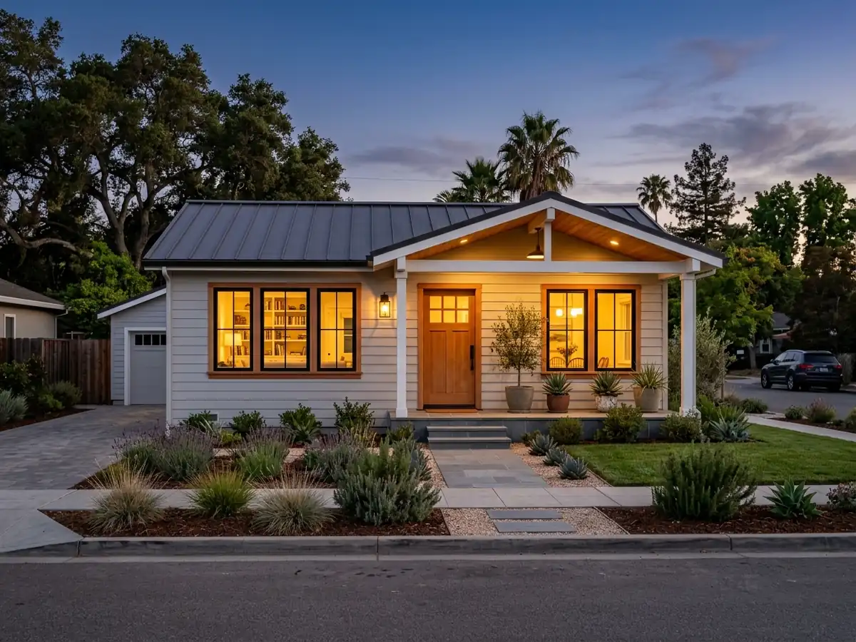 A remodelled single-storey California house at dusk