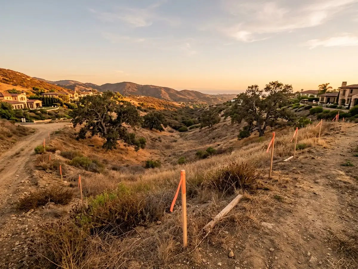 An empty sloped residential lot with survey stakes in the Southern California hills